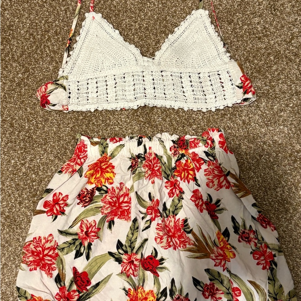 Rue21 White Crochet Top with Red Floral Skirt